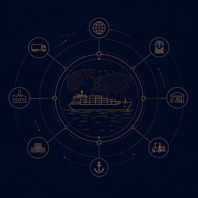 A dark blue infographic showing a cargo ship in the center surrounded by a circular network of logistics icons including a globe, truck, train, factory, warehouse, forklift, anchor, and delivery van.