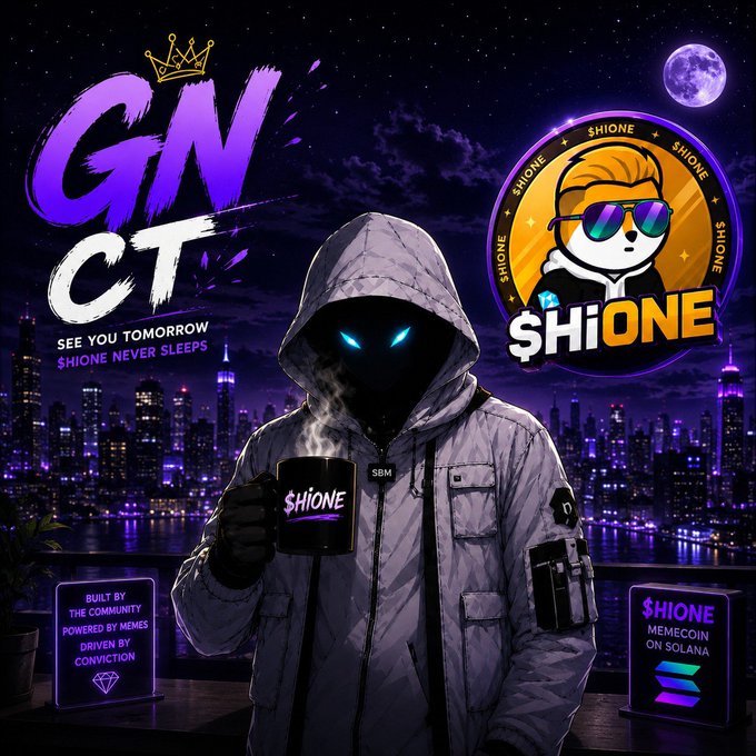 Crypto/memecoin promotional poster for '$HIONE' on Solana, showing a hooded figure with glowing blue eyes drinking from a branded mug against a purple city nightscape, alongside a mascot coin logo.