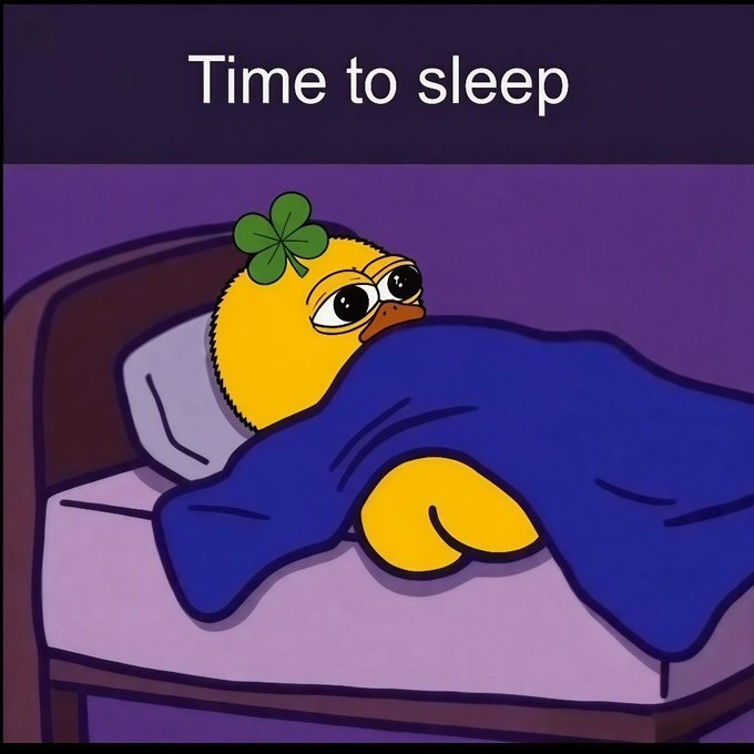 A cartoon illustration of a yellow chick with a four-leaf clover on its head tucked into bed under a blue blanket, with text reading 'Time to sleep'.