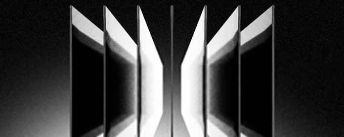 A symmetrical, monochromatic abstract image showing illuminated vertical panels or book pages opening in the center, creating an hourglass-like shape of light against a dark background.