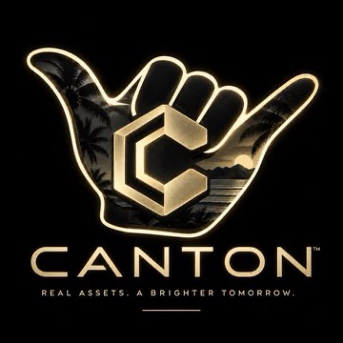 A black logo for 'CANTON' featuring a gold-outlined shaka hand sign containing a stylized 'C' and a tropical sunset scene with palm trees, accompanied by the tagline 'REAL ASSETS. A BRIGHTER TOMORROW.'