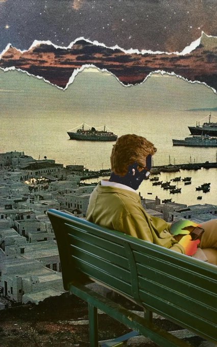 A retro collage of a figure with a blue hand sitting on a green bench, overlooking a harbor of ships and a dense city, with a torn paper effect revealing a starry night sky above.