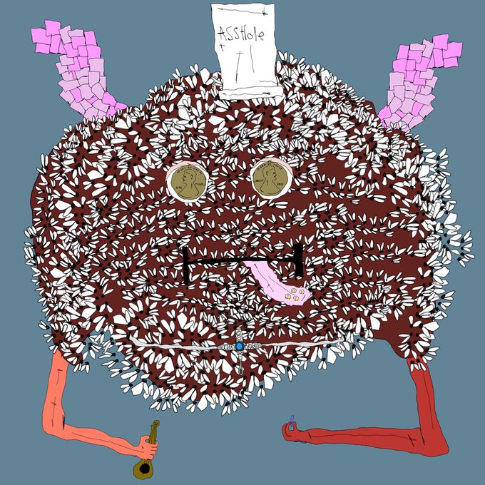 A whimsical digital artwork depicts a fluffy, dark-haired creature with pink horn-like protrusions, two coin-faced eyes, and spindly red arms—one holding what appears to be a small guitar. Atop its head sits a crumpled note labeled "ASSHOLE," and the creature features a protruding pink tongue and visible zipper detail, fitting the post's description of a rare "flybuddy" NFT from the Gristle buddeez collection by @toadswiback.