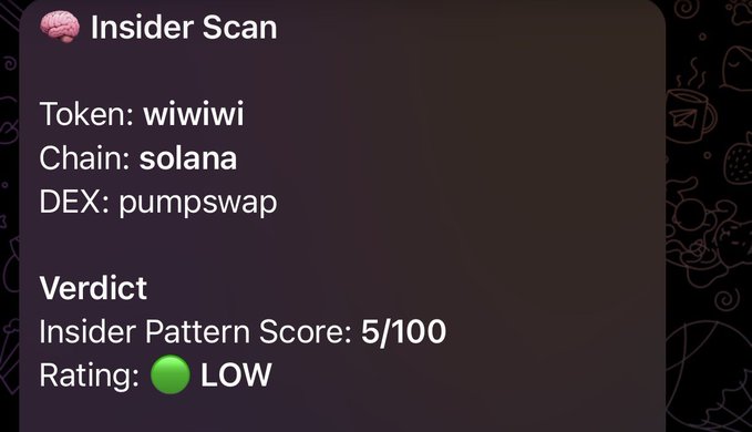 An 'Insider Scan' result card for the token 'wiwiwi' on the Solana chain shows an Insider Pattern Score of 5/100 with a green 'LOW' rating.