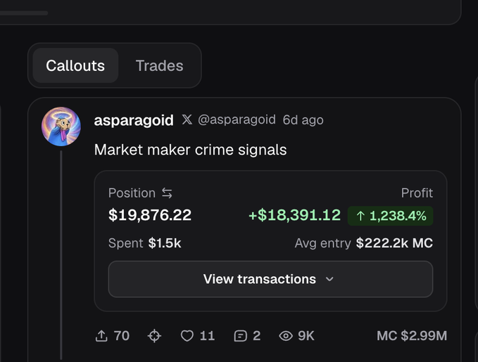 A screenshot of a "Callouts" tab showing a post by user "asparagoid" (@asparagoid) that reads "Market maker crime signals," with a position of $19,876.22 yielding a profit of +$18,391.12 (1,238.4%) on the MC token, spent $1.5k with an avg entry of $222.2k MC, currently valued at MC $2.99M. The image illustrates a highly profitable meme coin trade, highlighting the kind of speculative gains possible on Solana compared to the more limited options on Robinhood's blockchain as referenced in the post.