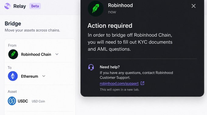 A user is attempting to bridge USDC from Robinhood Chain to Ethereum via Relay when they're prompted to complete KYC and AML verification documents. The image humorously illustrates a barrier to moving assets off Robinhood Chain, fitting the post about needing to "re bid" $ANSEM after facing friction with the platform's requirements.