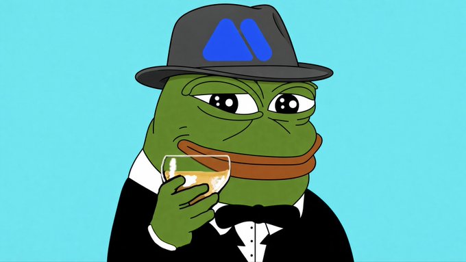 An illustration shows the Pepe the Frog character dressed in a formal black tuxedo and bow tie, wearing a black hat with a blue logo, and holding a glass of wine.