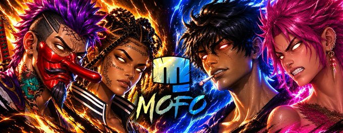 A vibrant digital artwork features four fierce anime-style characters with glowing eyes and colorful hair, with the text 'MOFO' displayed in the center.