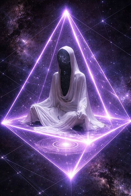 A mystical digital artwork showing a hooded figure sitting cross-legged inside a glowing purple geometric pyramid/portal against a starry cosmic background.