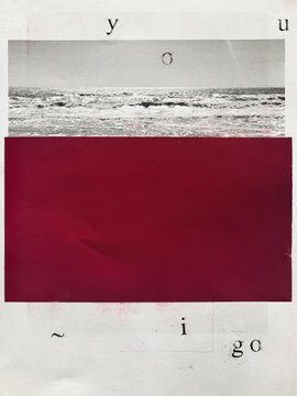 The image shows a dark, moody artwork split into two halves: the top features a grayscale seascape with crashing waves under a pale sky, while the bottom is a deep, murky red expanse with a faint shadowy figure, framed by scattered letters spelling out "y," "u," "o," "z," "i," and "go." This haunting piece connects to the post's #tezostuesday hashtag, suggesting it's an NFT artwork linked to the Tezos blockchain, shared via toca-me.com/artworks.html as part of a curated digital art series.