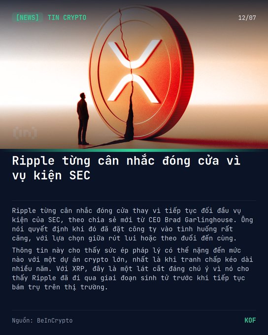A Vietnamese crypto news article from Tin Crypto about Ripple (XRP) considering settling its SEC lawsuit, featuring an illustration of a cracked XRP coin and a silhouette.