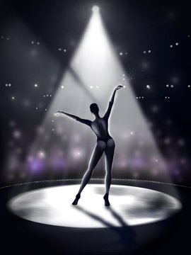 A silhouette of a female ballerina performing a graceful pose on a circular stage under a spotlight, with purple lights and particles in the dark background.