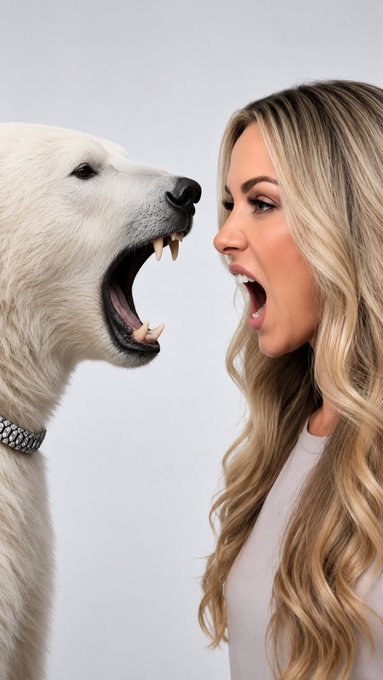A blonde woman with an open mouth faces off closely with a roaring polar bear in a staged profile shot.