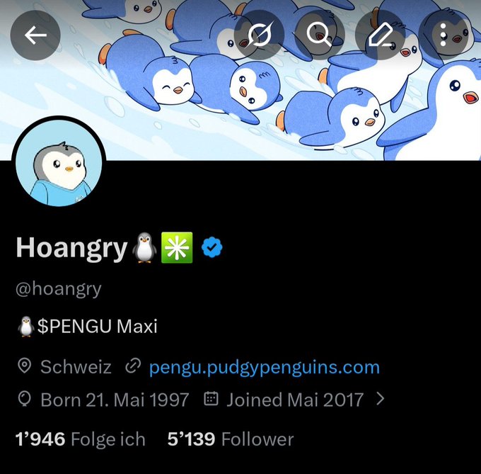 An X (Twitter) profile for "Hoangry" (@hoangry), a verified account with the display name "🐧$PENGU Maxi," born May 21, 1997, with 1,946 following and 5,139 followers, featuring a blue penguin character header.