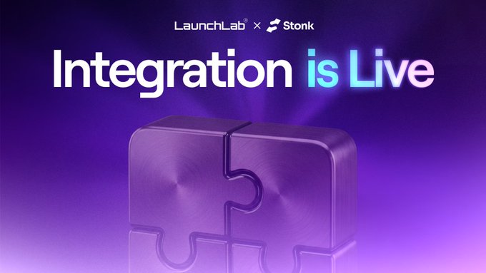 A promotional graphic announcing 'Integration is Live' between LaunchLab and Stonk, featuring two interlocking purple metallic puzzle cubes against a dark background.