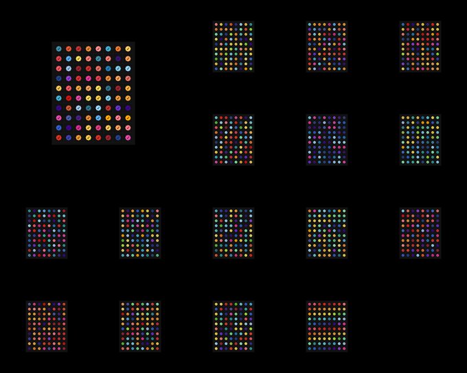 Multiple dark square panels display grids of small colored circles in various arrangements, resembling data visualizations or tile patterns.