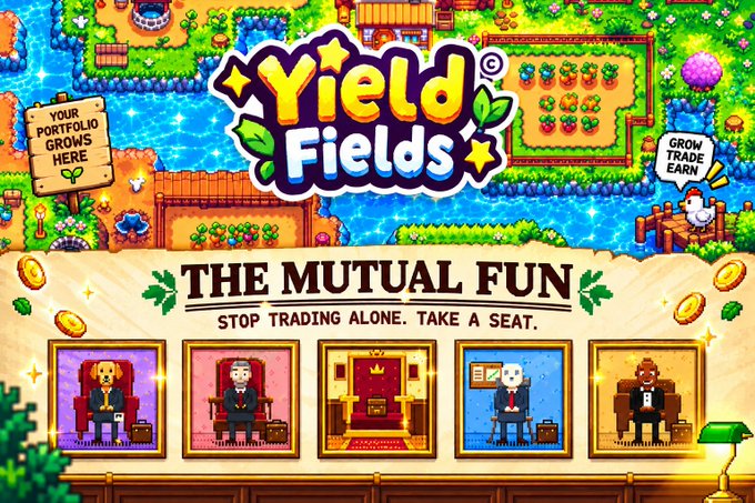 A promotional graphic for the game 'Yield Fields' featuring the title logo, pixel-art farm scenery, and the tagline 'THE MUTUAL FUN - STOP TRADING ALONE. TAKE A SEAT.' with framed character portraits below.