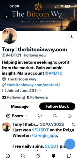 A screenshot of an X (Twitter) profile for 'Tony | thebitcoinway.com' (@V4BTC1), who follows the viewer, describes helping investors profit from the market, with a recent post mentioning winning $USDT on the Reign Wheel app.