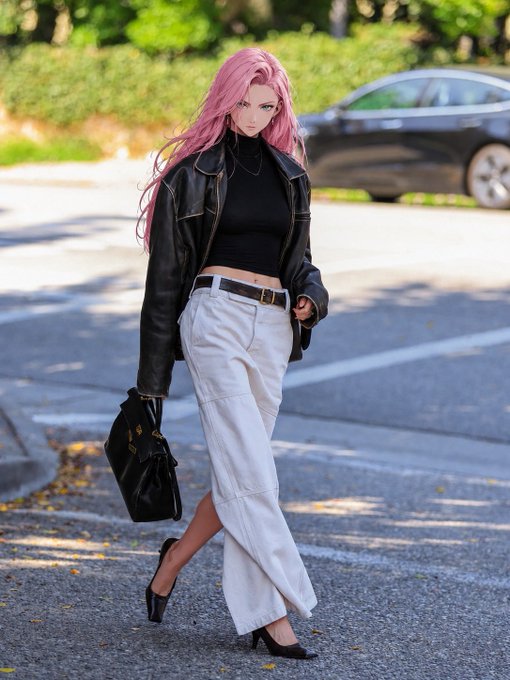 A woman with long pink hair wearing a black leather jacket, black crop top, white maxi skirt, and black heels walks across a parking lot carrying a black handbag.