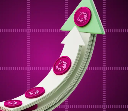 A stack of green bills curves upward along a rising white arrow, adorned with magenta tokens featuring a unicorn logo representing Uniswap (UNI), symbolizing the upward trajectory of Hayes' significant accumulation of UNI tokens.