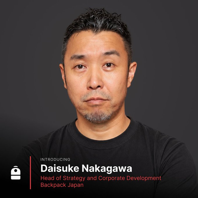 A professional headshot features a man with short dark hair wearing a black shirt against a gray background, with text introducing "Daisuke Nakagawa, Head of Strategy and Corporate Development, Backpack Japan."