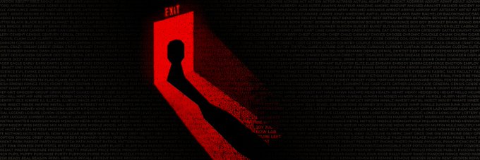 A dark, moody digital illustration of a silhouetted figure standing in a doorway emitting a red glow labeled "EXIT," set against a background filled with the repeated word "CULTURE".