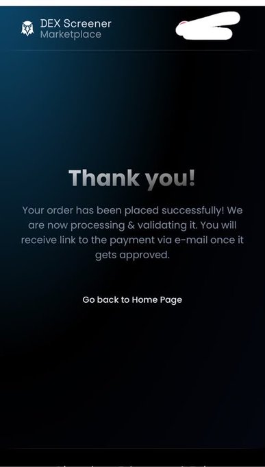 A DEX Screener Marketplace order confirmation screen displays a "Thank you!" message stating the order has been placed successfully and that a payment link will be sent via e-mail once approved, with a "Go back to Home Page" button below. The confirmation aligns with the post announcing that payment was made for the token with contract address 5pDbcXKVk9FMCz7P31iaezva7iR3rGWhJz6TQU6Qpump, marked as "Dex paid and updated" and set for launch.
