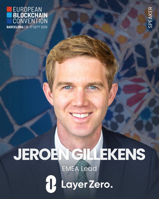 A promotional speaker card for the European Blockchain Convention (Barcelona, 16-17 Sept 2026) features Jeroen Gillekens, EMEA Lead at LayerZero, smiling in a dark suit and tie against a colorful mosaic background. The post invites attendees to meet him and the LayerZero team at the Barcelona event.