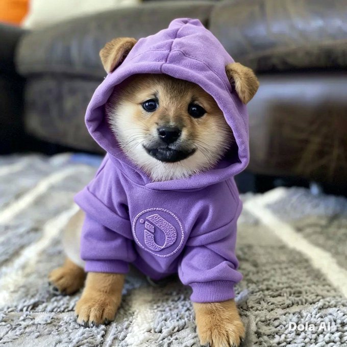 An adorable Shiba Inu puppy sits on a rug wearing a purple hooded sweatshirt with a logo on it; 'Dola AI' watermark visible at bottom right.