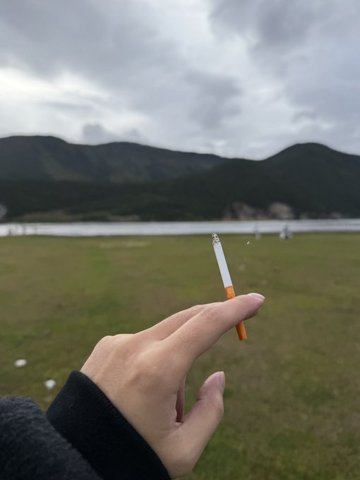 A first-person view shows a hand holding an unlit cigarette against a backdrop of a lake, green fields, and mountains under a cloudy sky.