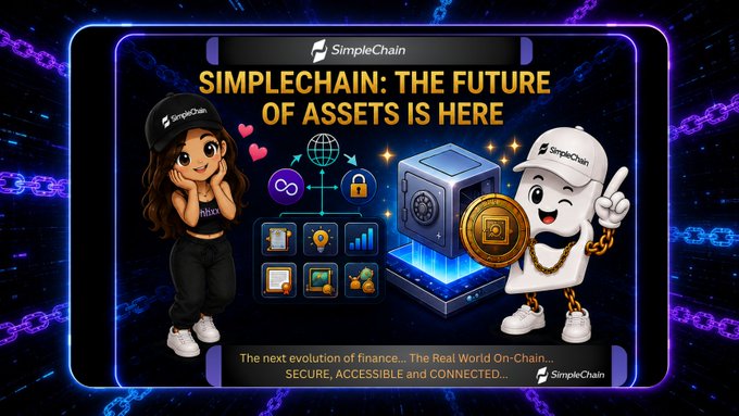 A promotional graphic for SimpleChain with the headline 'SIMPLECHAIN: THE FUTURE OF ASSETS IS HERE' featuring two cartoon characters, a safe, gold coins, and icons of documents and devices, with the tagline 'The next evolution of finance... The Real World On-Chain... SECURE, ACCESSIBLE and CONNECTED...'