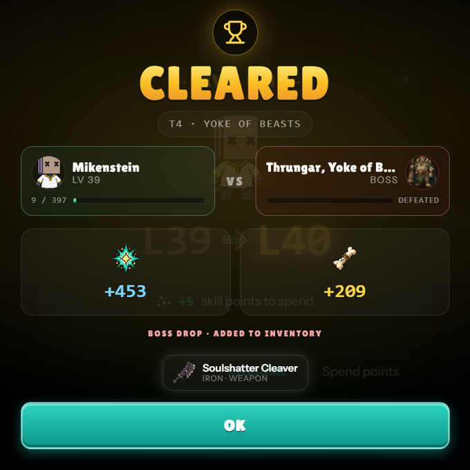 A game victory screen showing "CLEARED" after defeating boss "Thrungar, Yoke of Beasts" in Tier 4, with the player "Mikenstein" at LV 39 earning +453 XP and +5 skill points, plus a "Soulshatter Cleaver" iron weapon drop, supporting the post's celebration of a successful Den Raid in the Wolfage game.