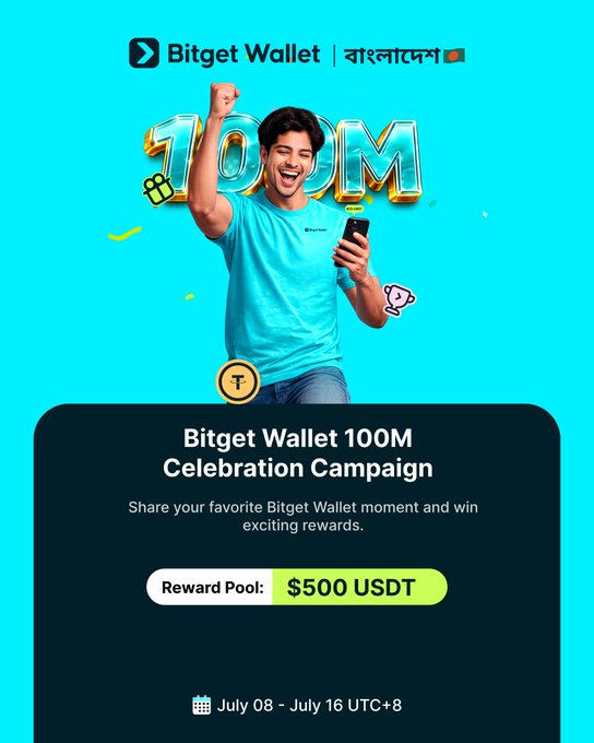 A promotional banner for the Bitget Wallet 100M Celebration Campaign in Bangladesh, featuring a cheering man in a blue shirt and the text "Bitget Wallet 100M Celebration Campaign" with a $500 USDT reward pool running from July 8 to July 16 UTC+8.