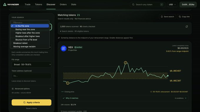Screenshot of a Mancer platform token scanner interface showing search filters like 'Fibonacci' and 'In the fib zone', with a VEX token chart displaying a 0.62% drop from the range midpoint.