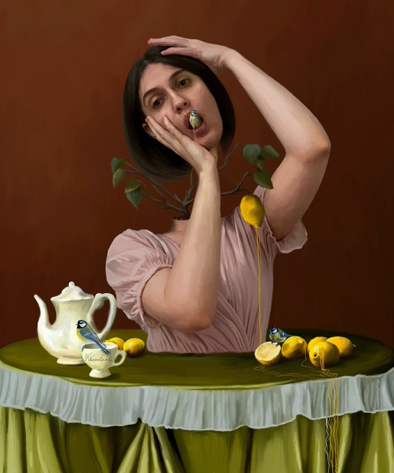 The image features a woman with her hand over her face, wearing a pink dress and holding a bird's head. The setting appears to be an art gallery or museum, as indicated by the presence of a painting that includes a teapot on a table surrounded by various fruits such as lemons and oranges. The post about "Mad Tea Party" is related to this image because it suggests that the woman in the painting might have been participating in a tea party event where she was served tea, fruit, and possibly other treats while engaging with guests or admiring artworks like the one displayed on the wall.