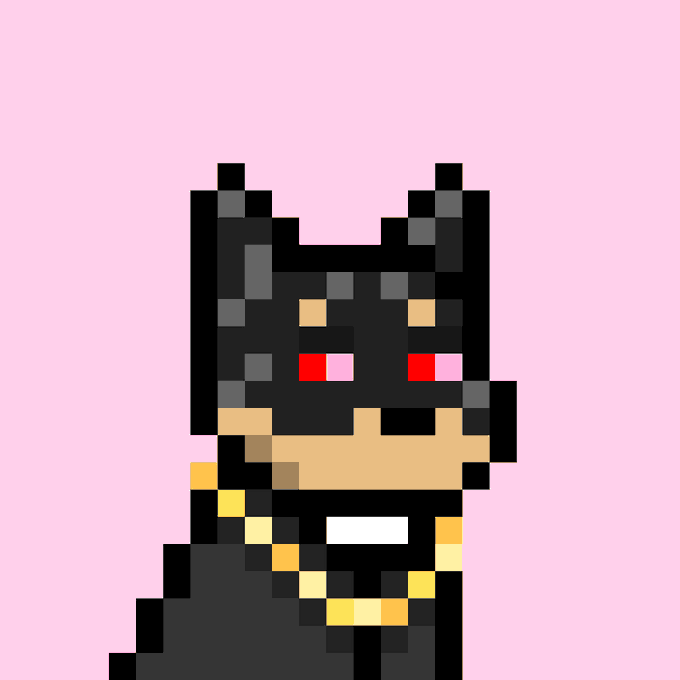 A pixel art character with a black horned helmet and glowing red eyes stands against a pink background, resembling a superhero figure.
