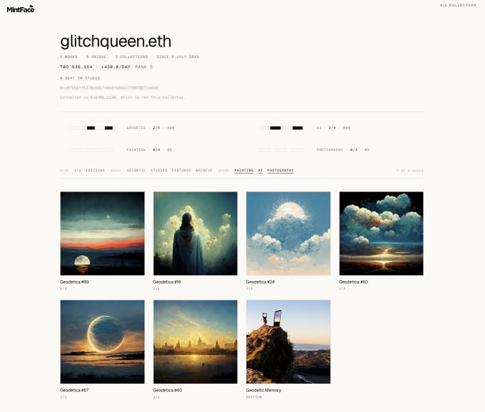 MintFace NFT collection page for 'glitchqueen.eth' showing 9 works, 636,114 TAO volume, with a grid of 7 surreal paintings featuring suns, moons, and clouds in dreamlike landscapes.