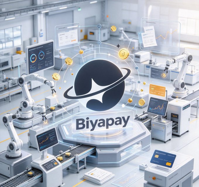 A futuristic digital illustration showing a high-tech factory floor with robotic arms and screens, centered around a 'Biyapay' logo surrounded by floating gold coins.