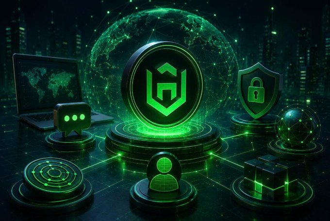 A futuristic green-themed graphic features a central shield logo surrounded by icons representing cybersecurity, including a padlock, chat bubble, user profile, and a connected globe.