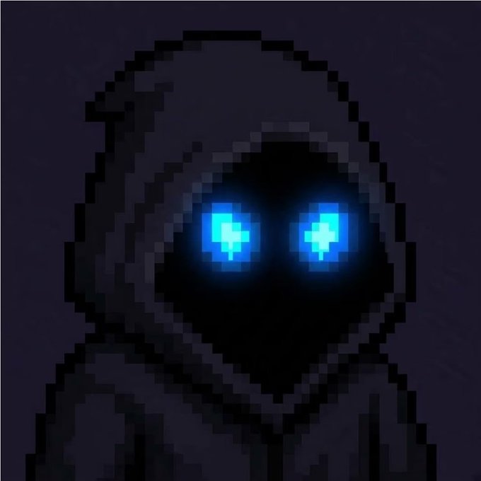 A pixel art illustration of a hooded figure with glowing blue eyes on a dark purple background.