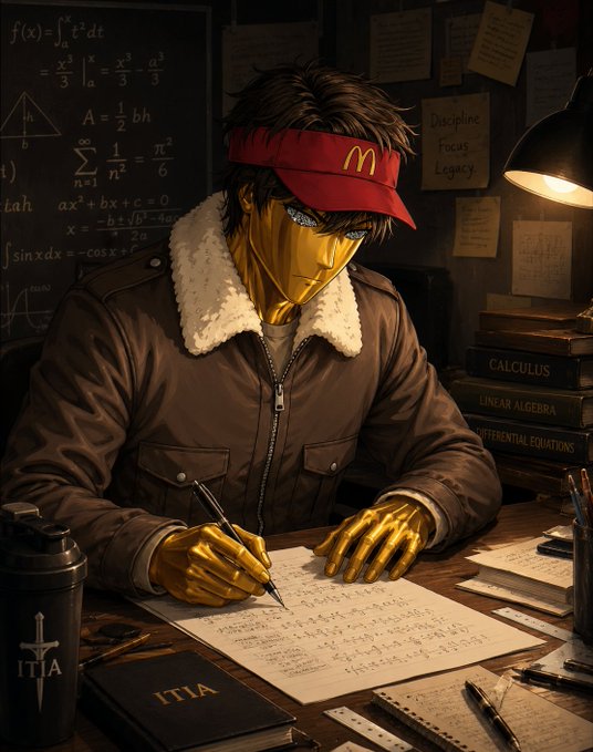 An anime-style character with a golden mask and a red McDonald's visor writes math equations at a desk, with a chalkboard full of calculus formulas and books labeled 'CALCULUS', 'LINEAR ALGEBRA', and 'DIFFERENTIAL EQUATIONS' nearby.