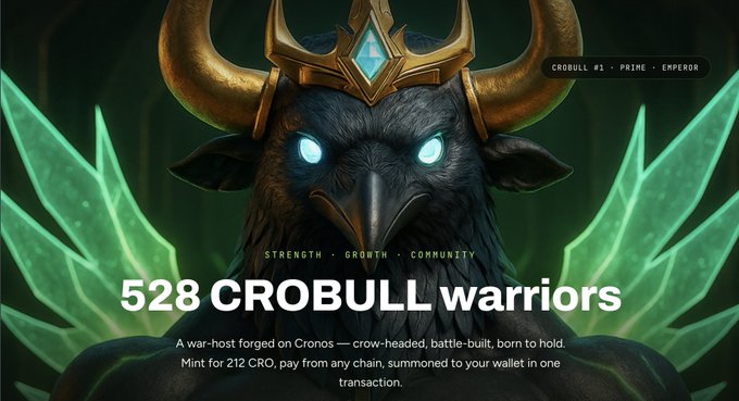 A promotional graphic for 'CROBULL warriors' NFT collection featuring a dark crow-headed warrior wearing a golden horned helmet, advertising 528 warriors with a mint price of 212 CRO, labeled CROBULL #1 - PRIME - EMPEROR.