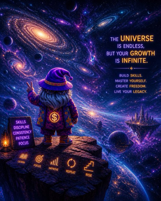 A motivational poster features a wizard-dwarf character on a cliff overlooking a cosmic galaxy scene, with text reading 'THE UNIVERSE IS ENDLESS, BUT YOUR GROWTH IS INFINITE. BUILD SKILLS. MASTER YOURSELF. CREATE FREEDOM. LIVE YOUR LEGACY.' along with a skills list (DISCIPLINE, CONSISTENCY, PATIENCE, FOCUS) and icons labeled LEARN, FOCUS, IMPROVE, REPEAT, RISE.