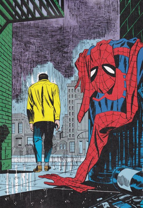 A comic book illustration showing Spider-Man crouching in an alleyway in the rain, watching a man in a yellow jacket walk away down a city street.