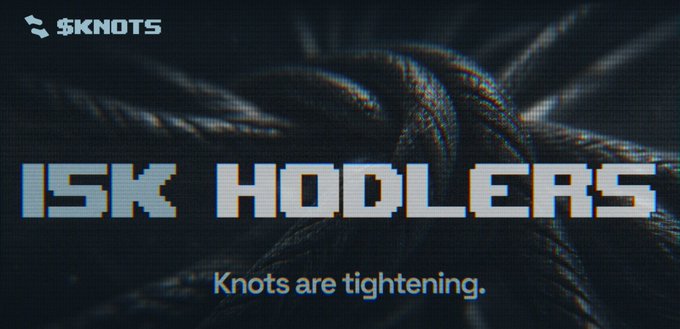 Graphic with a glitch effect displaying the text '15K HOLDERS' and 'Knots are tightening.' alongside the $KNOTS logo against a dark, textured background.
