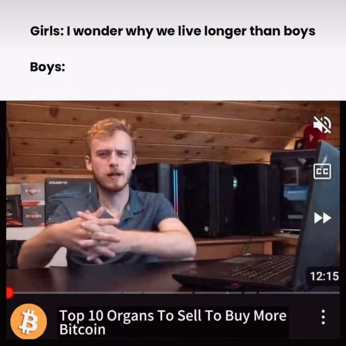 A meme with text 'Girls: I wonder why we live longer than boys' and 'Boys:' above a YouTube thumbnail titled 'Top 10 Organs To Sell To Buy More Bitcoin' featuring a man with AMD Ryzen components.