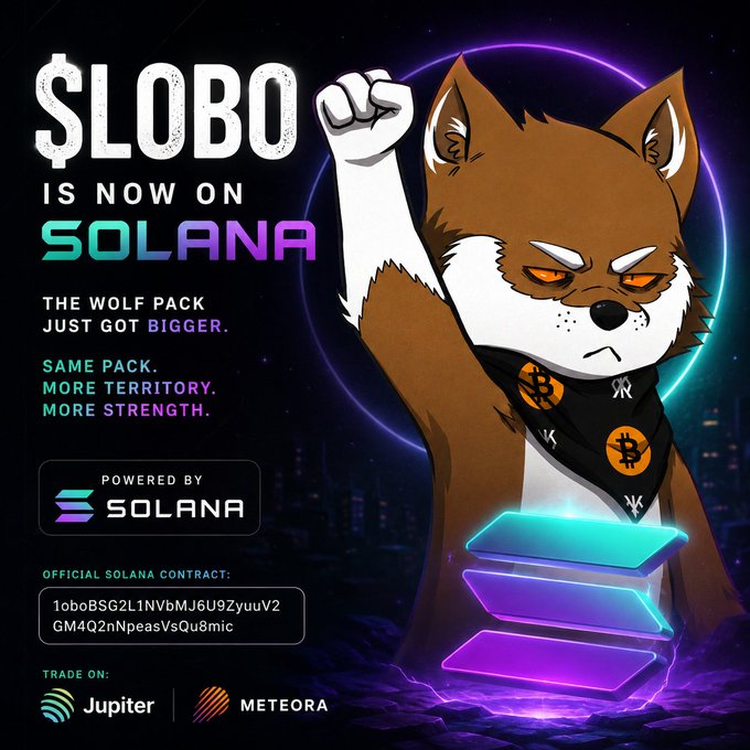 A promotional graphic for "$LOBO IS NOW ON SOLANA" featuring an anime-style Shiba Inu dog character with a raised fist and Bitcoin bandana, listing the official Solana contract address and trading platforms Jupiter and Meteora.
