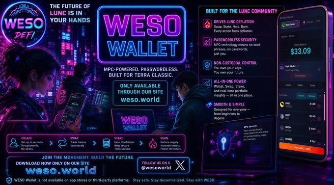A promotional banner for the 'WESO Wallet' featuring 'The Future of LUNC is in your hands,' highlighting features like passwordless security and driving LUNC deflation, with links to weso.world.