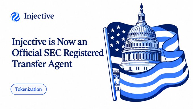 A graphic announcing 'Injective is Now an Official SEC Registered Transfer Agent' alongside an illustration of the U.S. Capitol building draped with an American flag and a 'Tokenization' button.