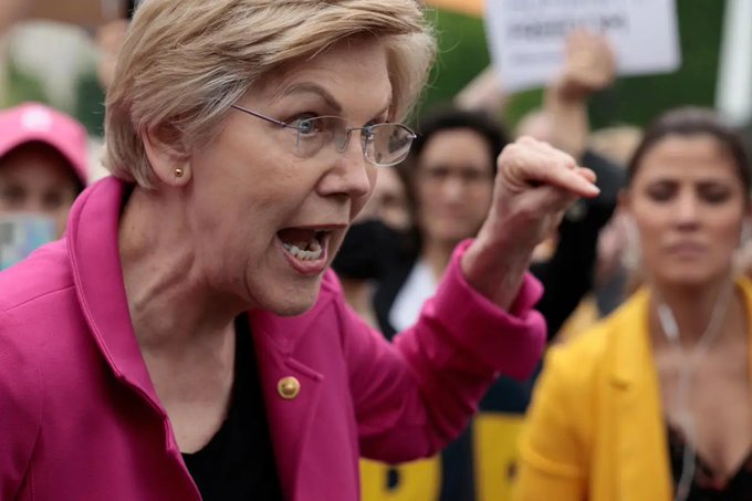 Senator Elizabeth Warren, wearing a pink blazer and glasses, shouts passionately with a clenched fist raised, appearing to rally or confront others at what looks like a political demonstration. In the background, protesters hold signs and a woman in a yellow jacket stands nearby, suggesting a tense moment reflecting the post's frustration over partisan congressional battles and lack of progress on key legislation.